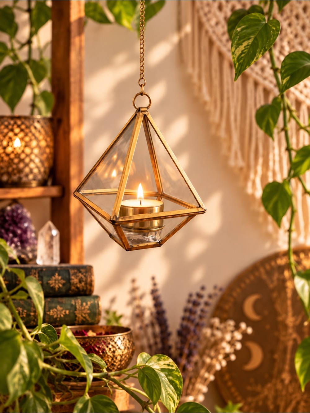 Gold & Glass Geometric Hanging Terrarium ONE • Boho Witchy Candle Plant Decor